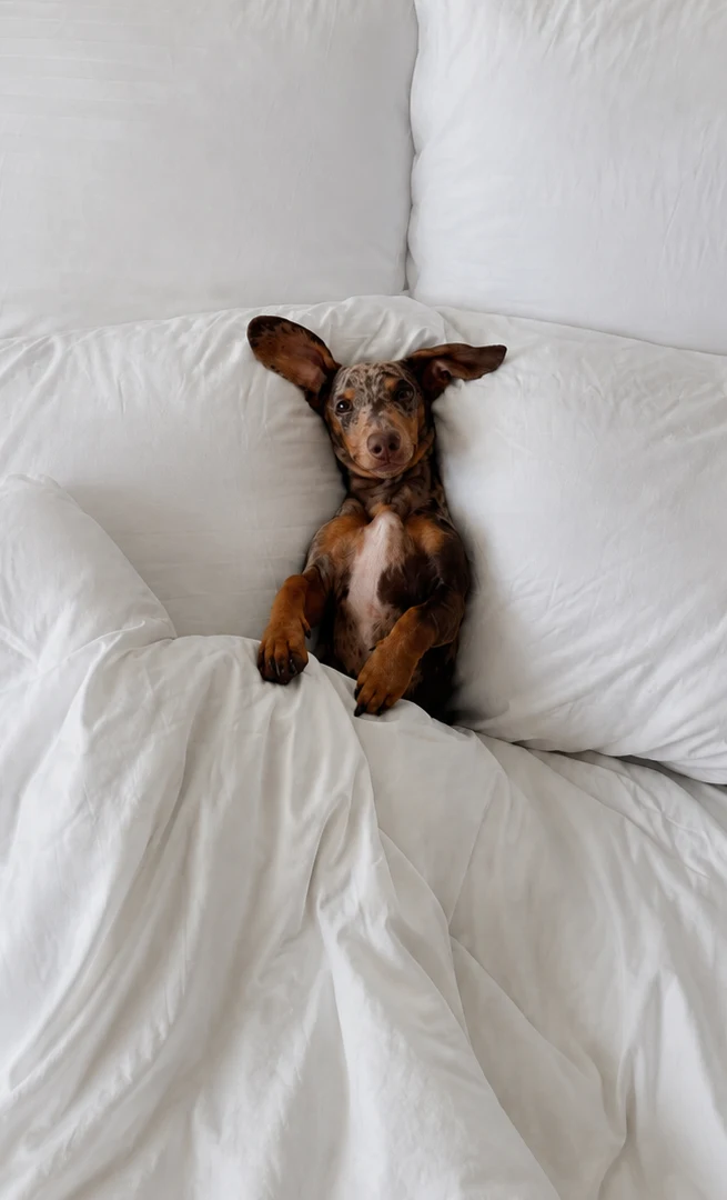 A dachshund puppy tucked into a bed of white pillows and duvet